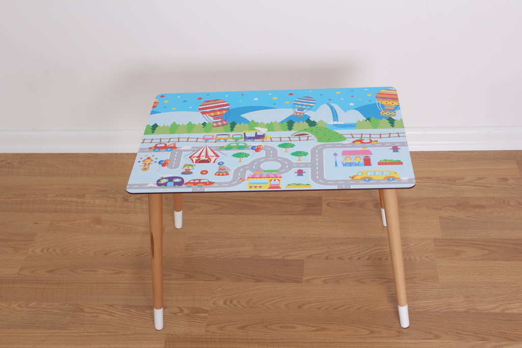 a child's table with a map on it