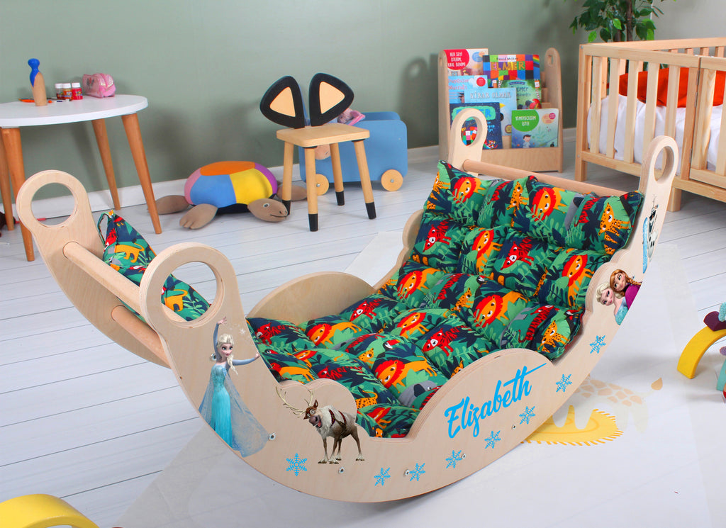 a child's room with a rocking chair and toys