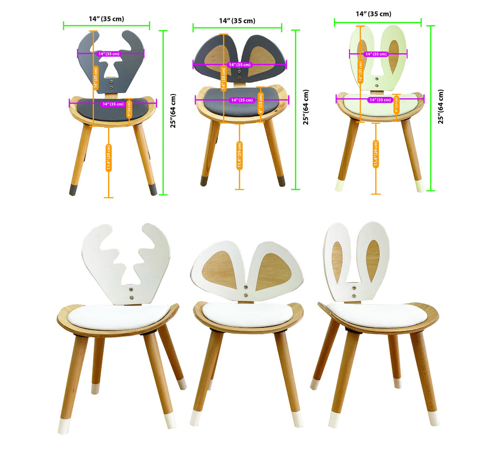 a set of three chairs with measurements for each chair